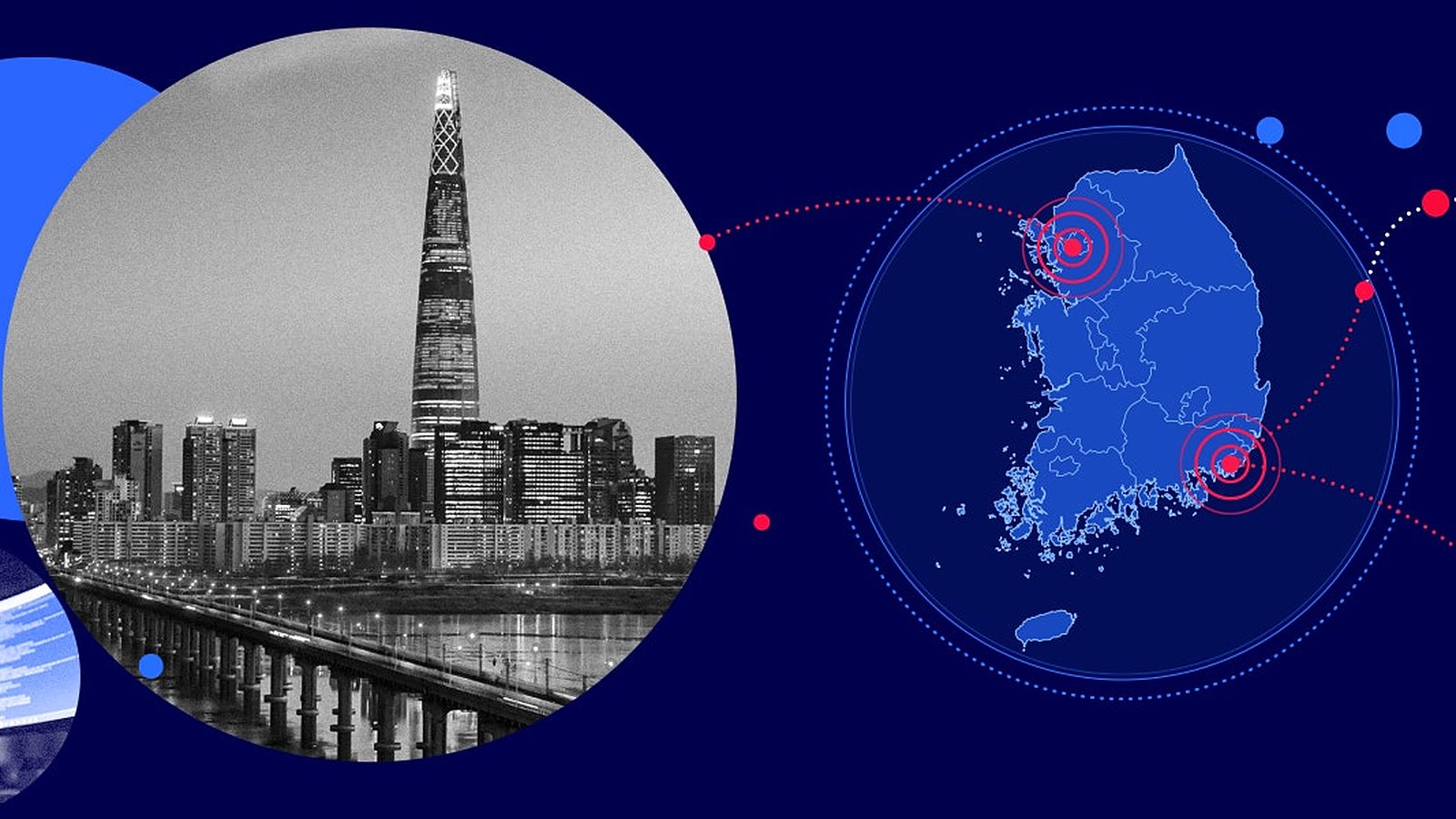 Recorded Future collage with a Seoul night skyline circle beside a blue outline map of South Korea marked with red target rings and dotted connection lines.