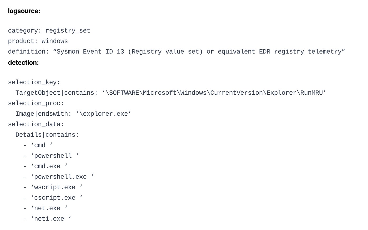 Atos Sigma hunting rule excerpt: registry_set log source using Sysmon Event ID 13, a selection on the Explorer RunMRU key, explorer.exe as the image, and command strings such as cmd, powershell, wscript, cscript, net.exe and net1.exe.