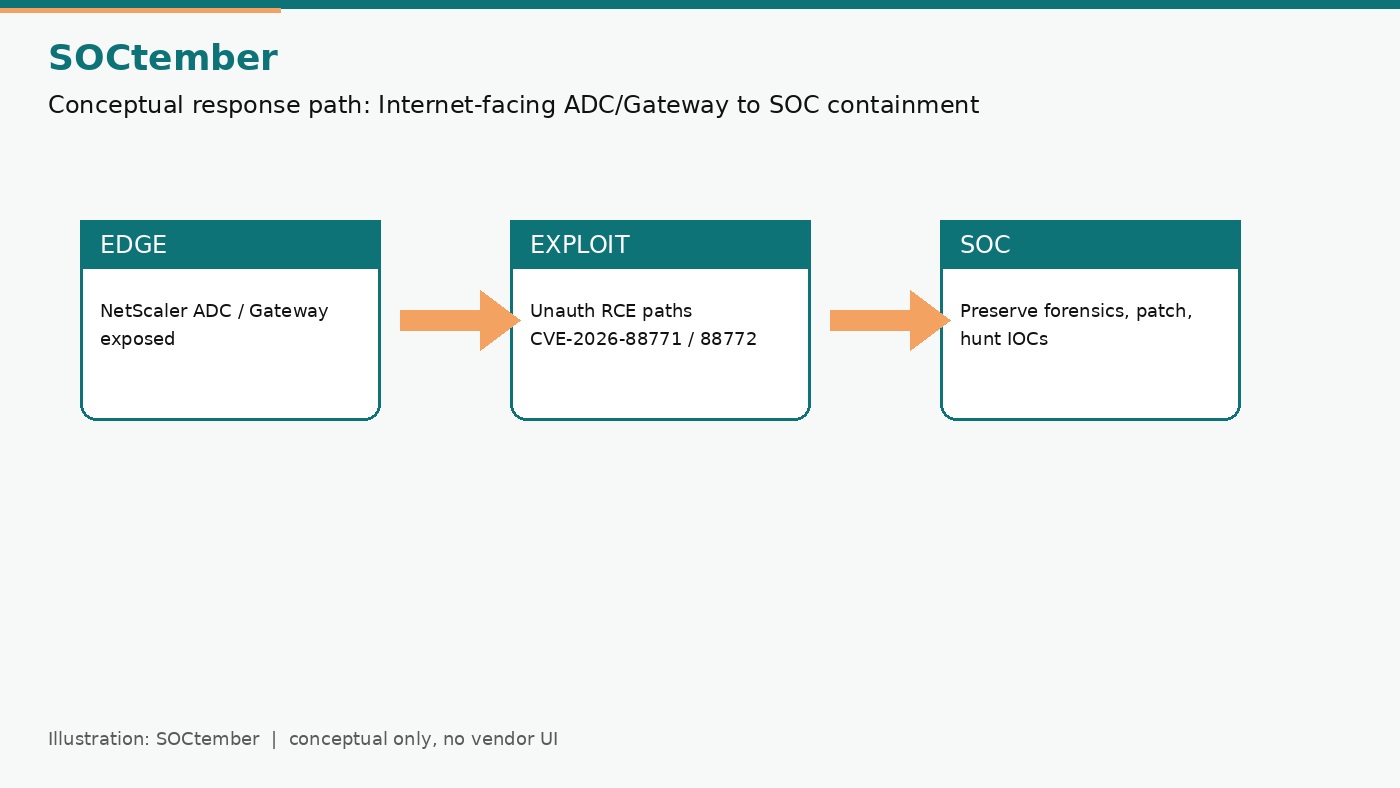 SOCtember diagram from an exposed NetScaler edge, through unauthenticated RCE, to SOC containment.