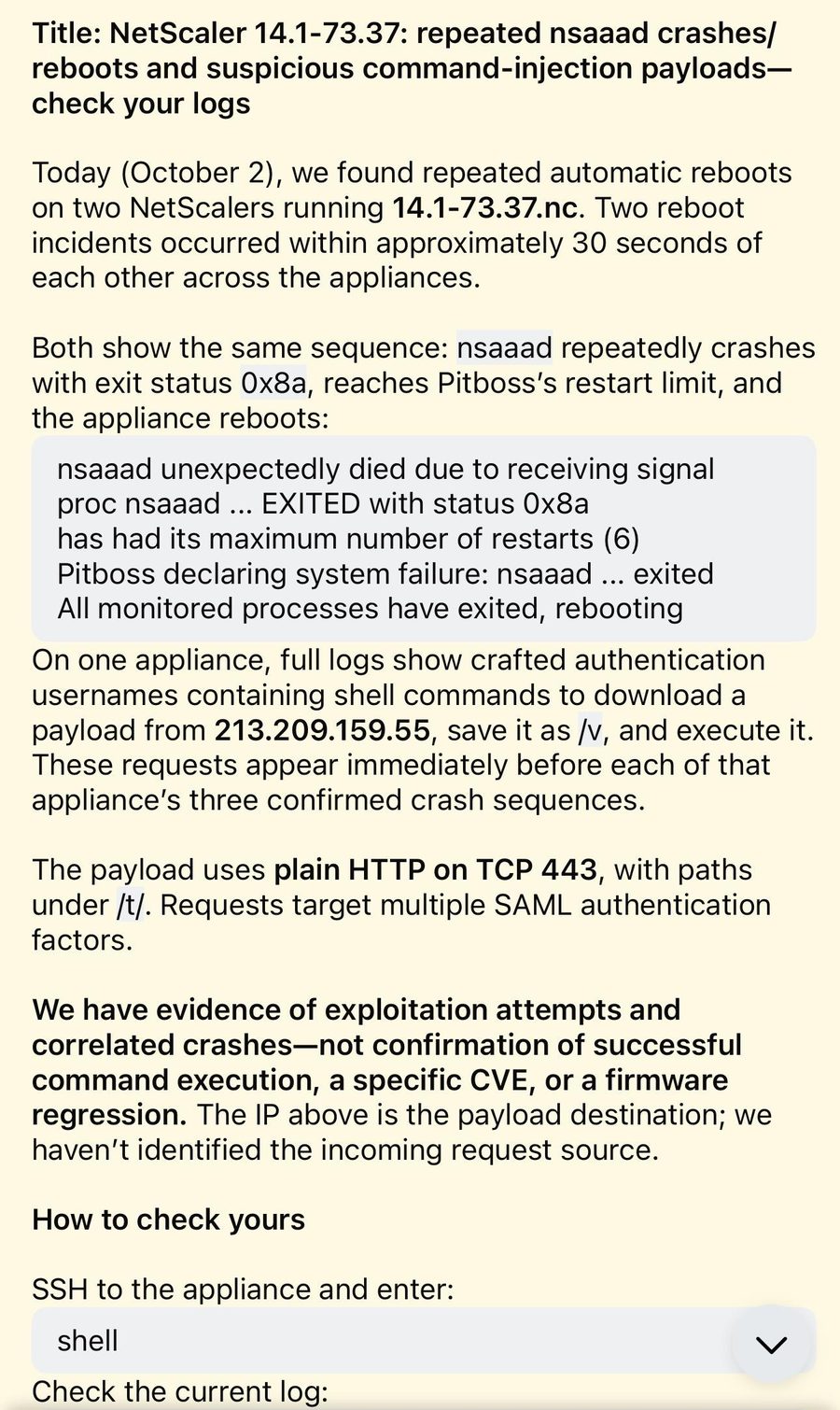 Administrator report of repeated nsaaad crashes and command-injection payloads on NetScaler 14.1-73.37.