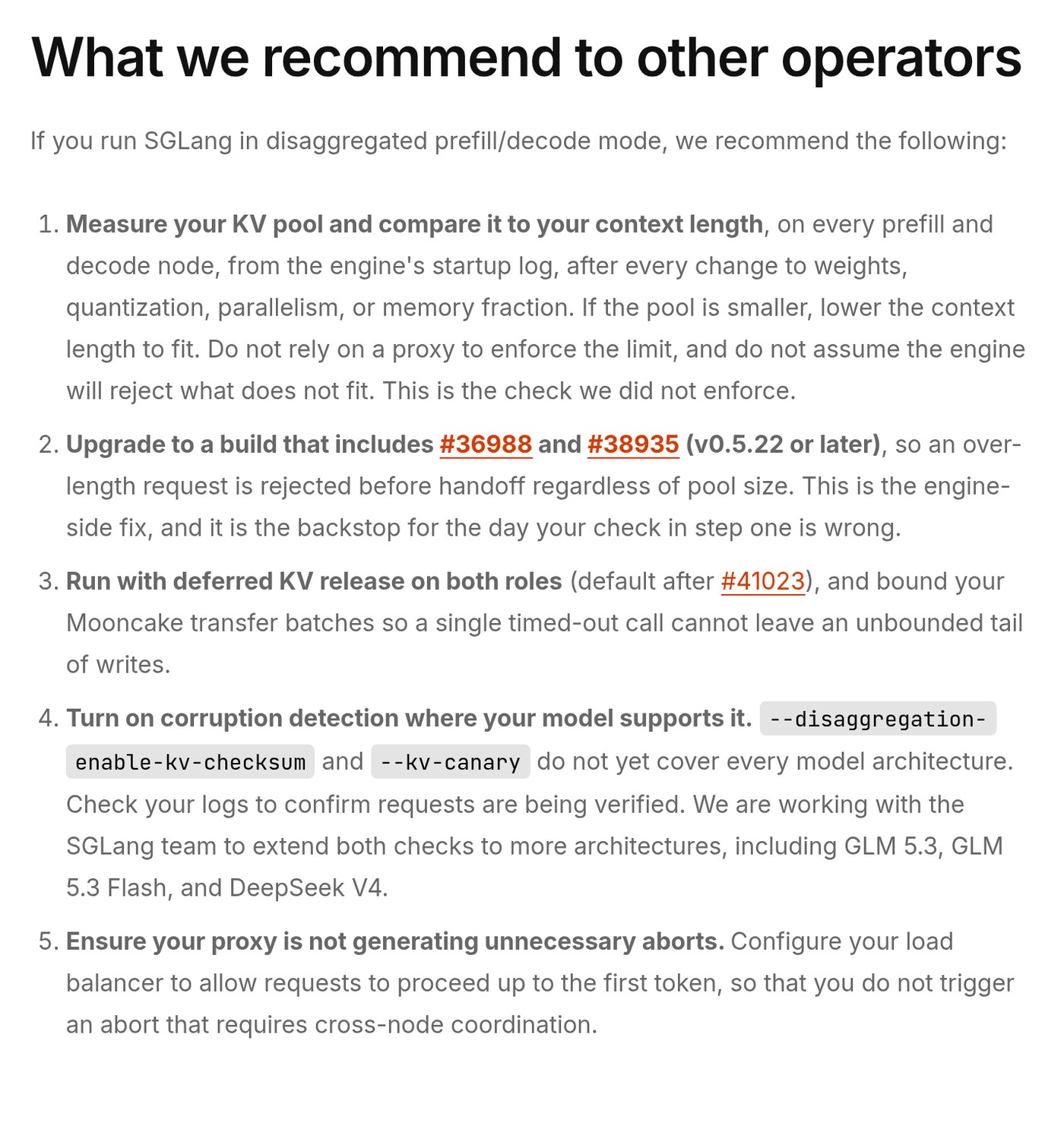 Screenshot of Cloudflare's five recommendations to other SGLang operators: measure the KV pool against the context length on every node, upgrade to a build that includes fixes #36988 and #38935, run with deferred KV release and bounded Mooncake transfer batches, turn on corruption detection where supported, and keep proxies from generating unnecessary aborts.