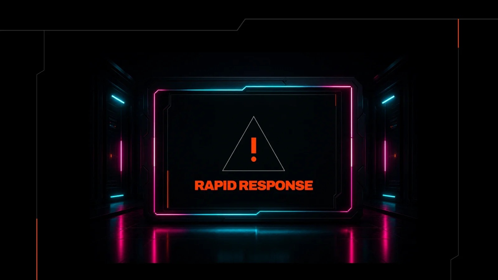 Dark neon-lit corridor framing a screen with a warning triangle and the words Rapid Response in orange.