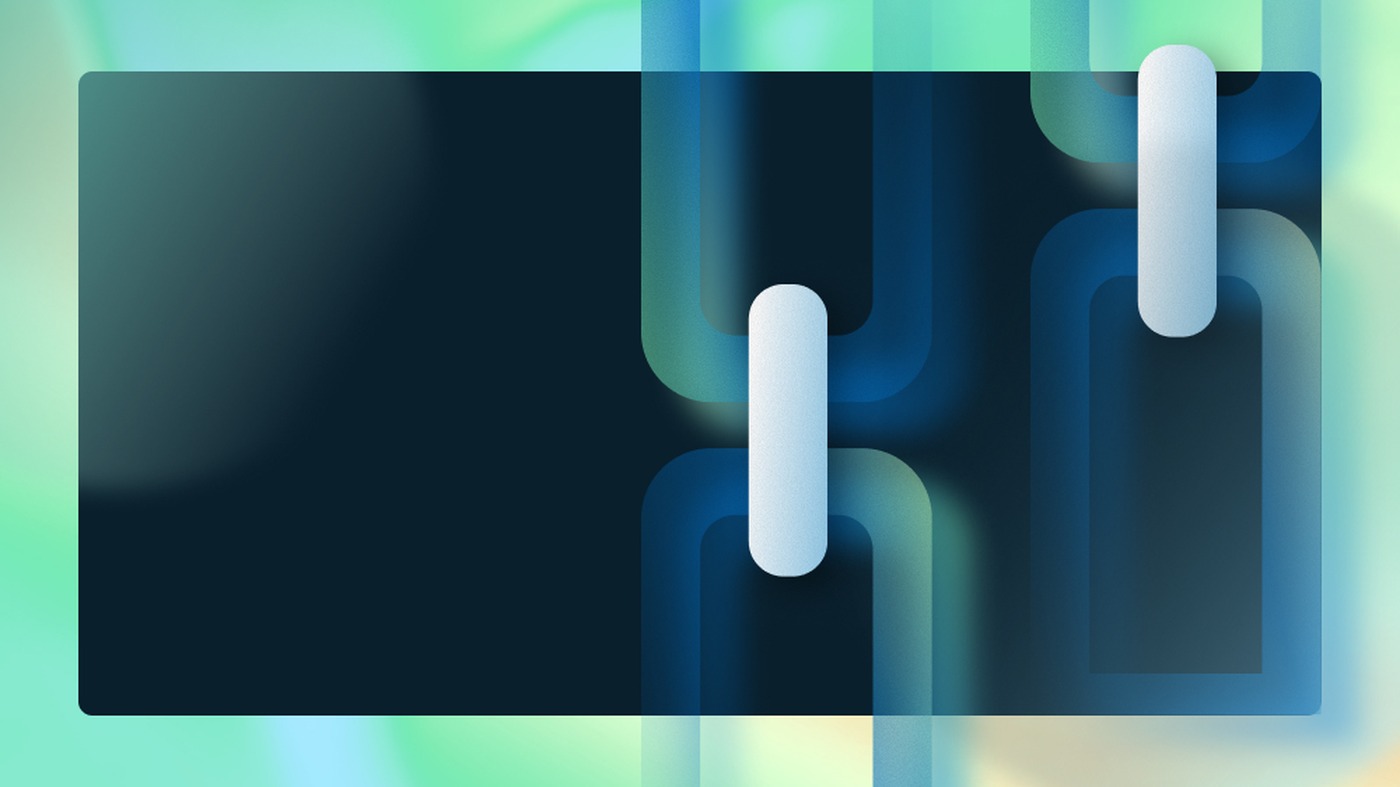 Abstract illustration of two pale chain links joining blue and green shapes on a dark panel.