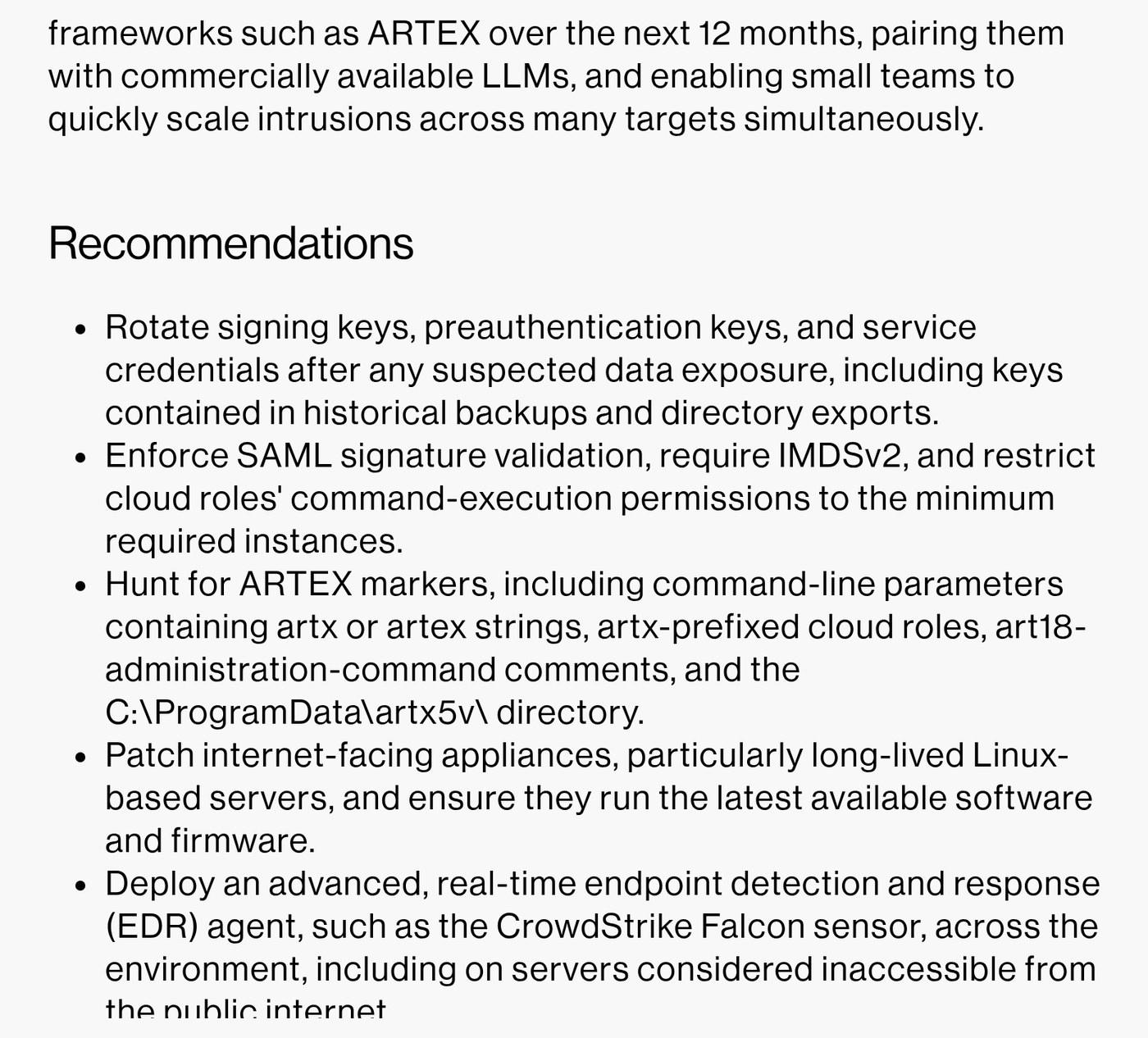 CrowdStrike recommendations for defenders, including hunting for ARTEX markers such as artx strings and the C:\ProgramData\artx5v\ directory.