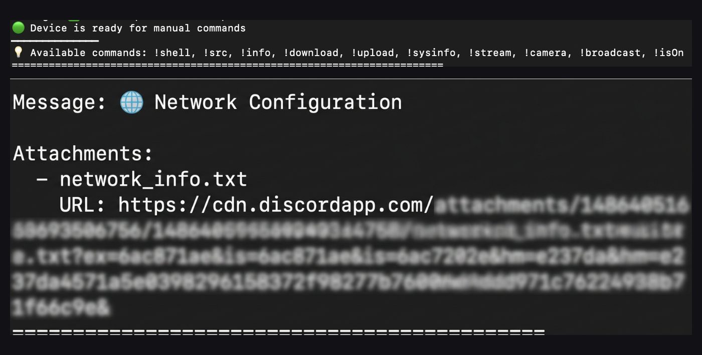 Darktrace capture of a Discord status line listing !shell !src !info !download and related commands above a Network Configuration message that attaches network_info.txt via cdn.discordapp.com.