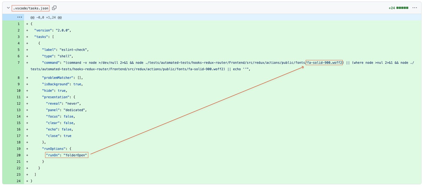 GitHub diff of .vscode/tasks.json showing runOn folderOpen and a node command pointing at fa-solid-900.woff2.