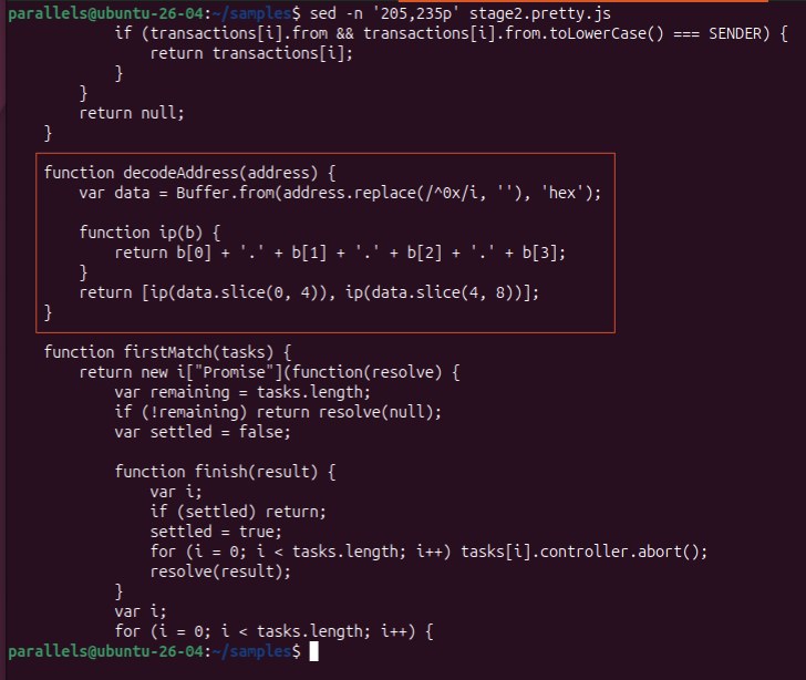 Terminal view of deobfuscated JavaScript that converts an Ethereum address into two IP addresses.