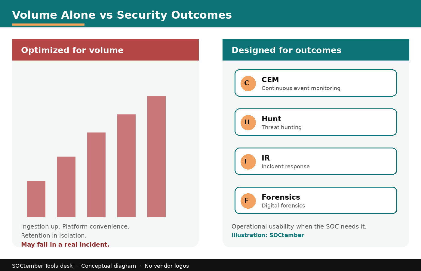 SOCtember diagram contrasting volume-optimized logging with outcome-driven CEM and THIRF design.