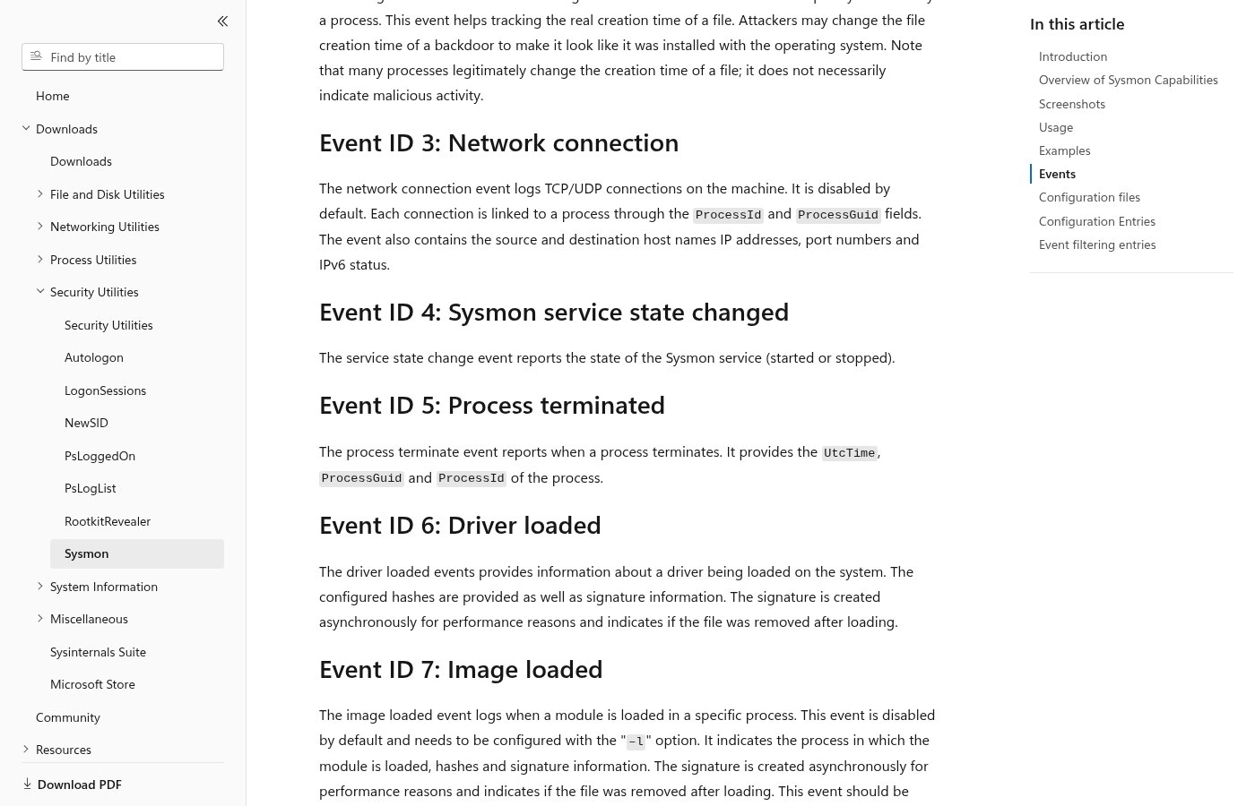 Microsoft Learn Sysmon event descriptions noting that Event ID 3 network connection and Event ID 7 image loaded are disabled by default.