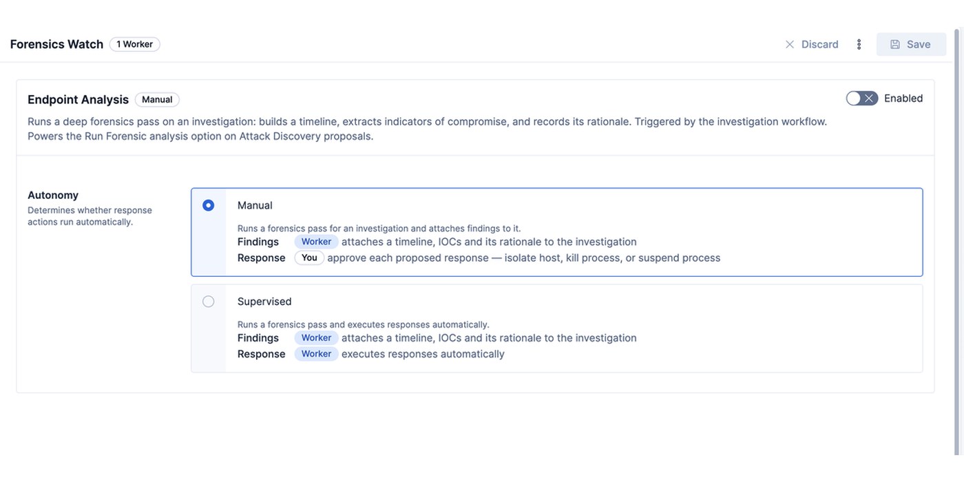 Endpoint Analysis settings panel showing Manual autonomy so the analyst approves isolate host, kill process, or suspend process actions.