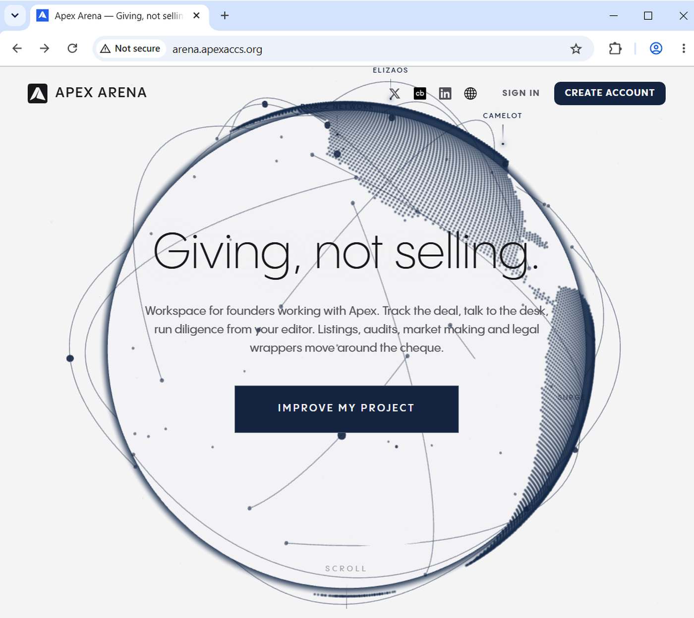 Browser showing the Apex Arena landing page at arena.apexaccs.org with the slogan Giving, not selling.