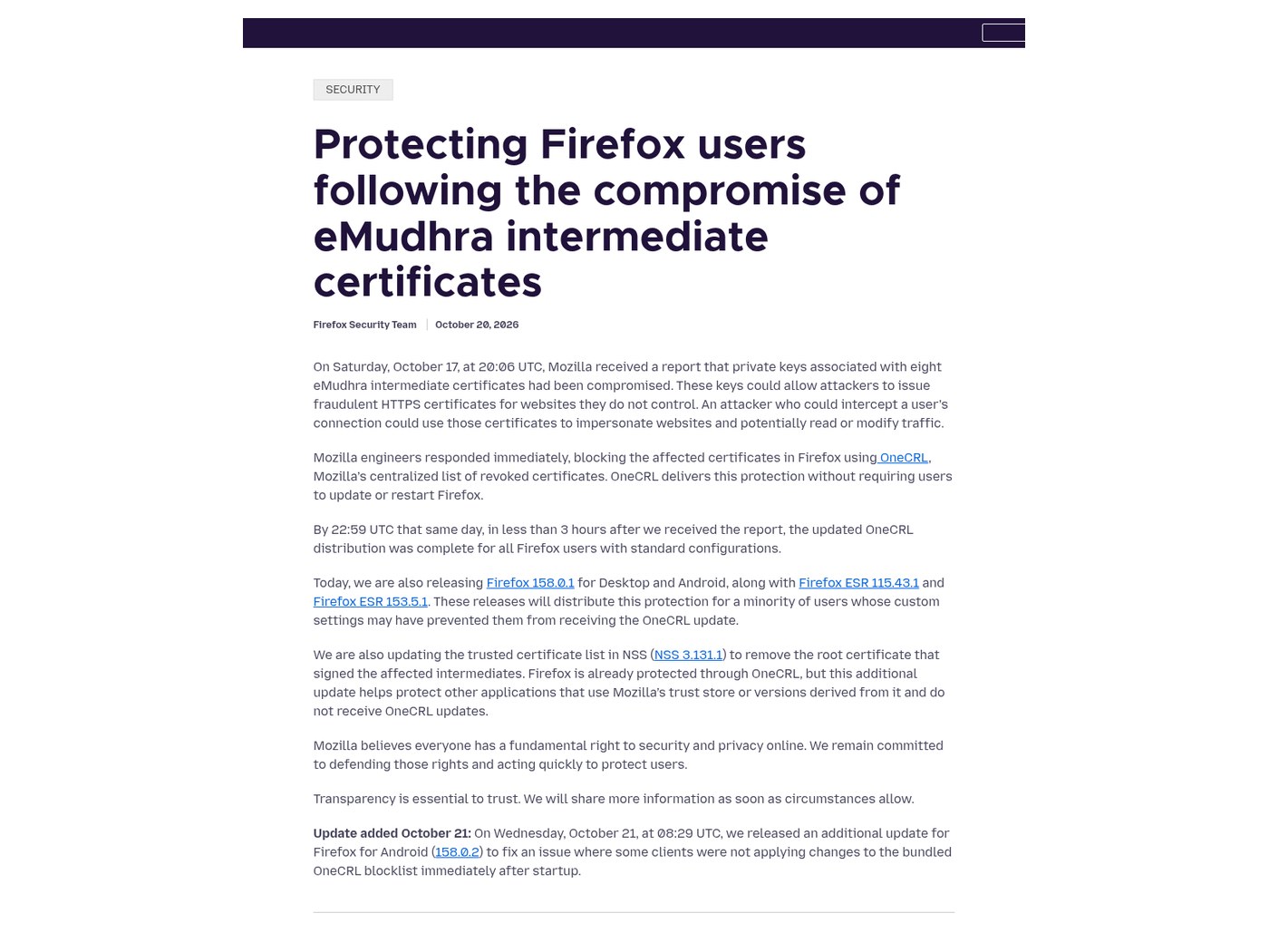 Screenshot of the Mozilla Security Blog post "Protecting Firefox users following the compromise of eMudhra intermediate certificates," dated October 20, 2026, describing the OneCRL block, the Firefox 158.0.1 and ESR releases and the NSS 3.131.1 root removal.