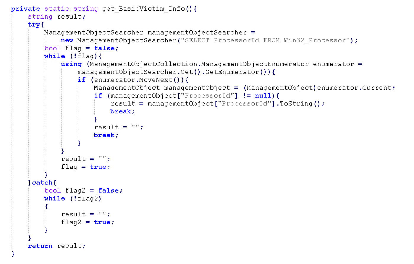Decompiled C# code for a method named get_BasicVictim_Info that uses ManagementObjectSearcher to run the WMI query SELECT ProcessorId FROM Win32_Processor and return the result.