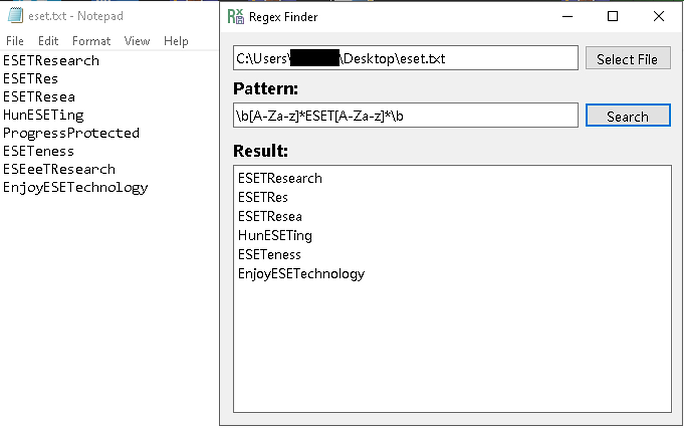 A Windows desktop showing a Notepad file named eset.txt with words containing ESET next to a small Regex Finder window whose pattern field searches for words containing ESET and lists the matches.