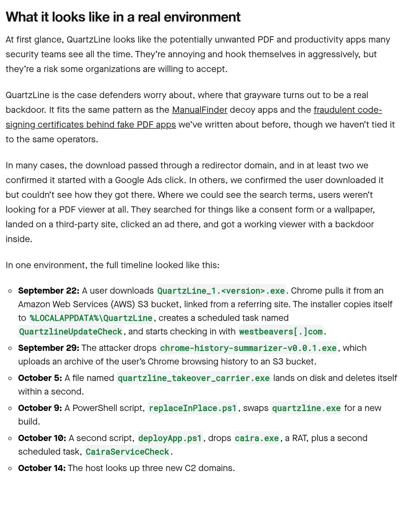 Expel's timeline of one QuartzLine infection, from the Sept. 22 download and QuartzlineUpdateCheck task through Chrome history theft, a self-deleting carrier, a build swap and the Oct. 10 Caira RAT drop.