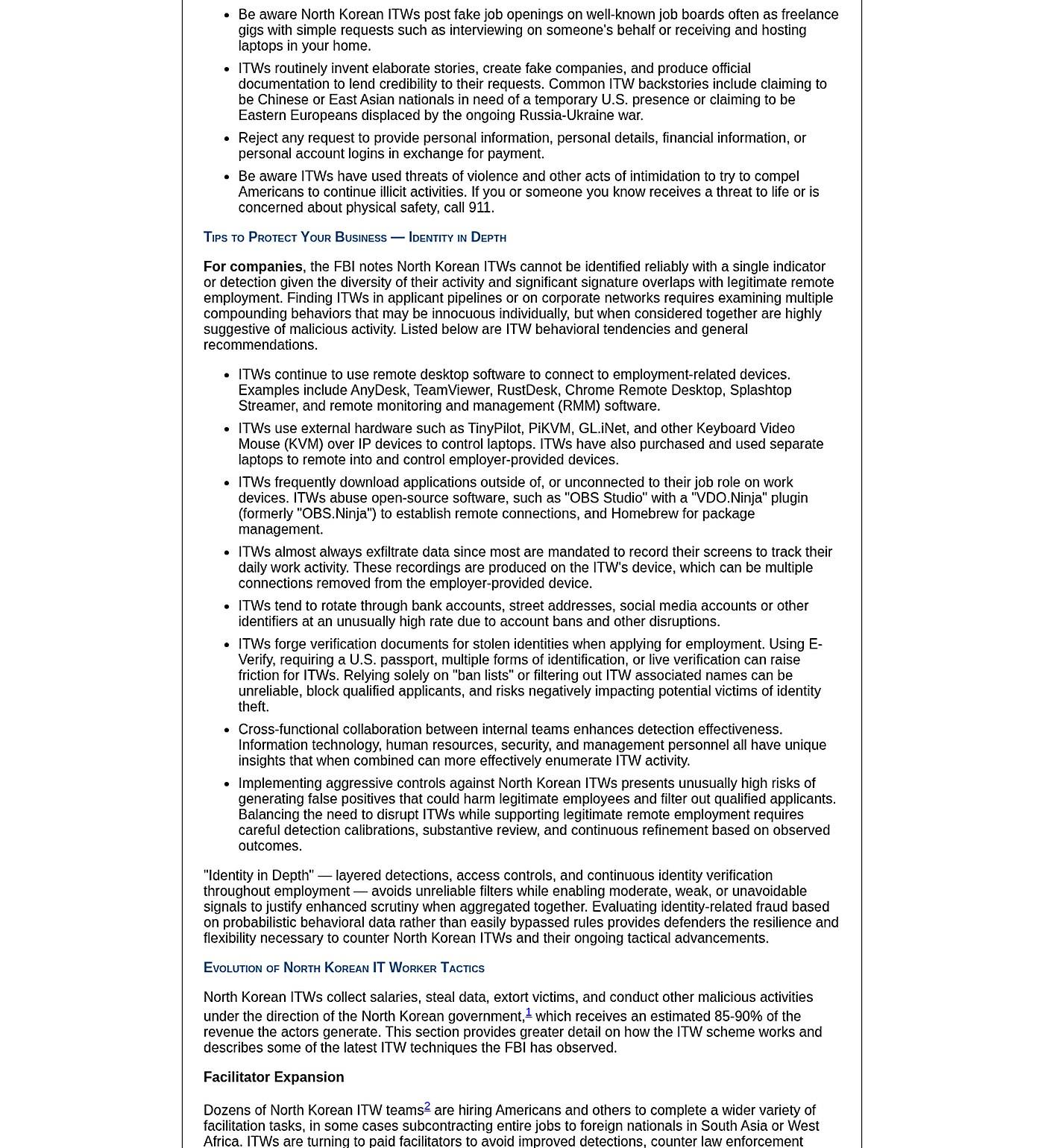 Advisory page headed Tips to Protect Your Business - Identity in Depth with bullet points on AnyDesk, TeamViewer, RustDesk, TinyPilot, PiKVM, GL.iNet, OBS Studio, and layered identity detections.