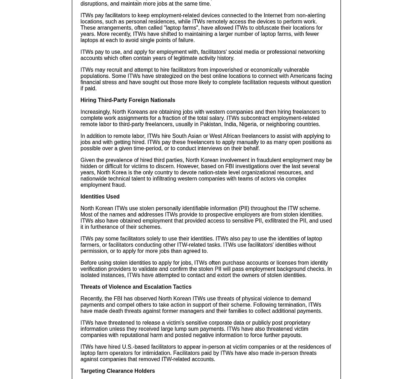 Advisory pages describing subcontracting to freelancers in South Asia or West Africa, stolen PII and paid identity use, and death threats, data extortion, and in-person intimidation after terminations.