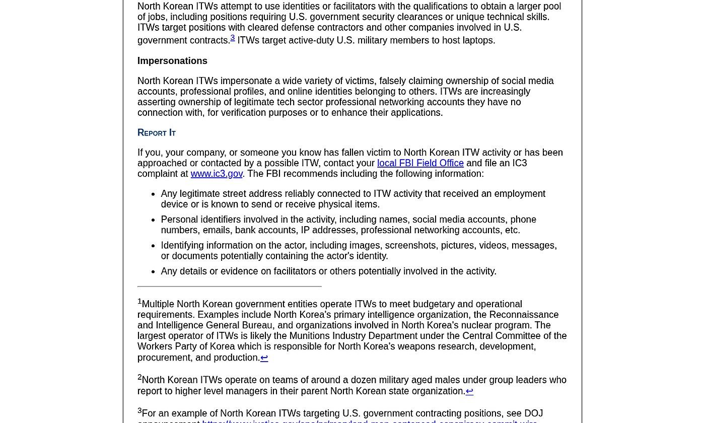 Advisory page on clearance-holder and active-duty laptop hosting, impersonation of professional networking accounts, and IC3 reporting guidance with footnotes.