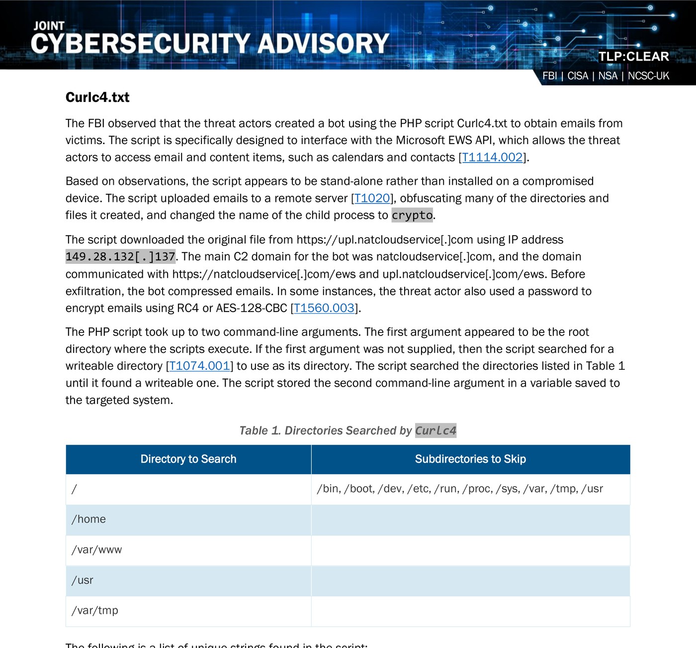 Advisory page headed Curlc4.txt with text on the EWS email bot, the IP address 149.28.132[.]137 and RC4 or AES-128-CBC encryption, and Table 1 listing the directories the script searches: /, /home, /var/www, /usr and /var/tmp.