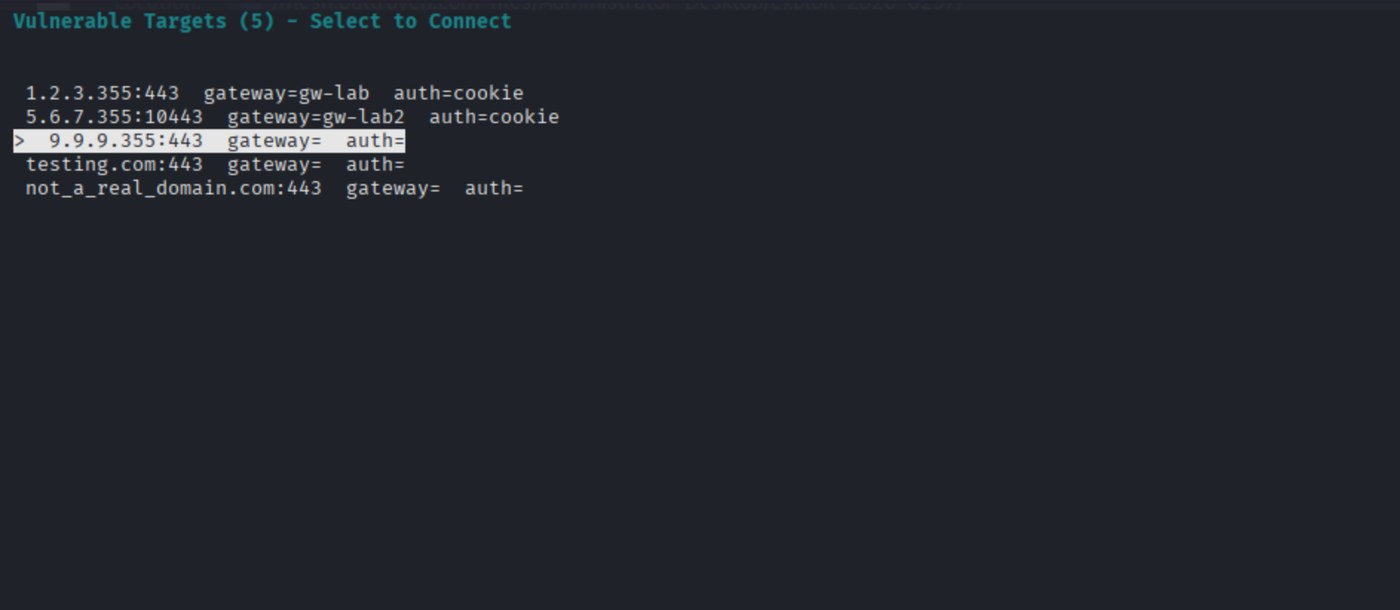 Group-IB screenshot of the console for the CVE-2026-0257 PAN-OS GlobalProtect Scanner + VPN Connect tool in --vuln mode, listing vulnerable targets for selection.
