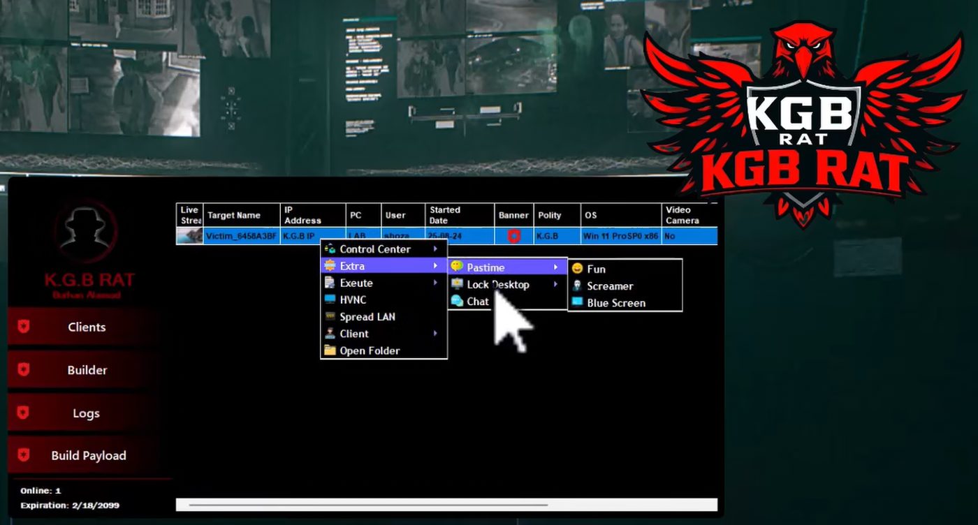 KGB RAT builder UI showing Fun settings for harassment modules under the Extra menu.