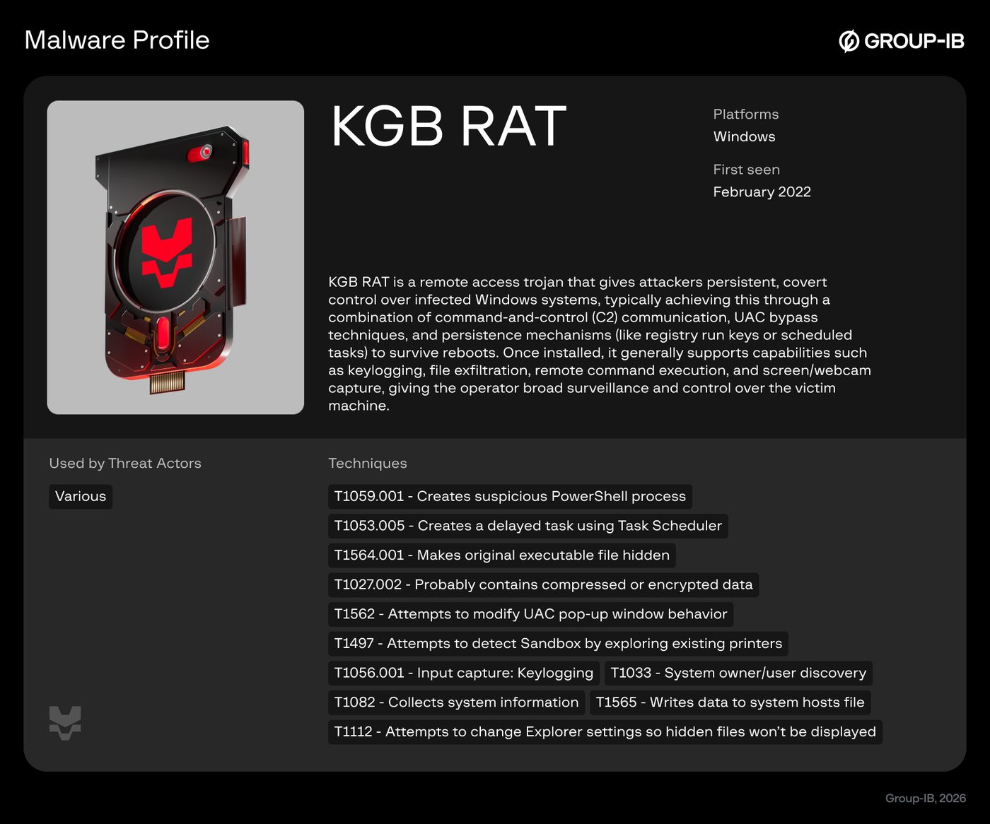 Group-IB threat intelligence portal card summarizing KGB RAT as a Windows remote access trojan.