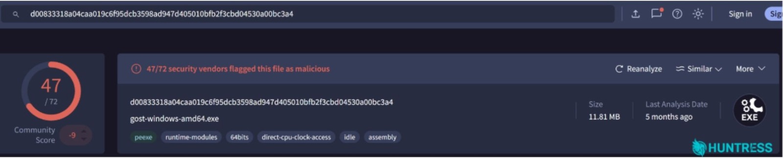 VirusTotal page for gost-windows-amd64.exe hash matching the Huntress GOST binary.