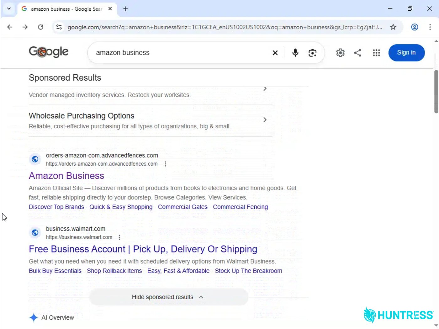 Google search results for amazon business with a sponsored result labeled Amazon Business from orders-amazon-com.advancedfences.com.