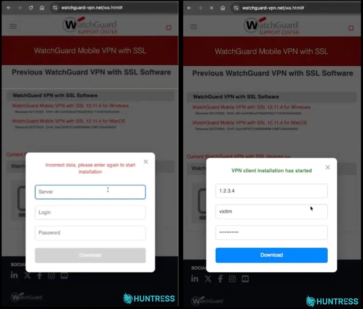 Two pop-ups on the fake site, one in red text saying incorrect data and asking the user to enter details again, and one in green saying VPN client installation has started with test values filled in.