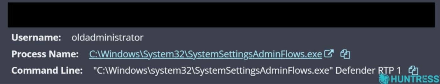 Huntress telemetry showing SystemSettingsAdminFlows.exe disabling Defender for user oldadministrator.