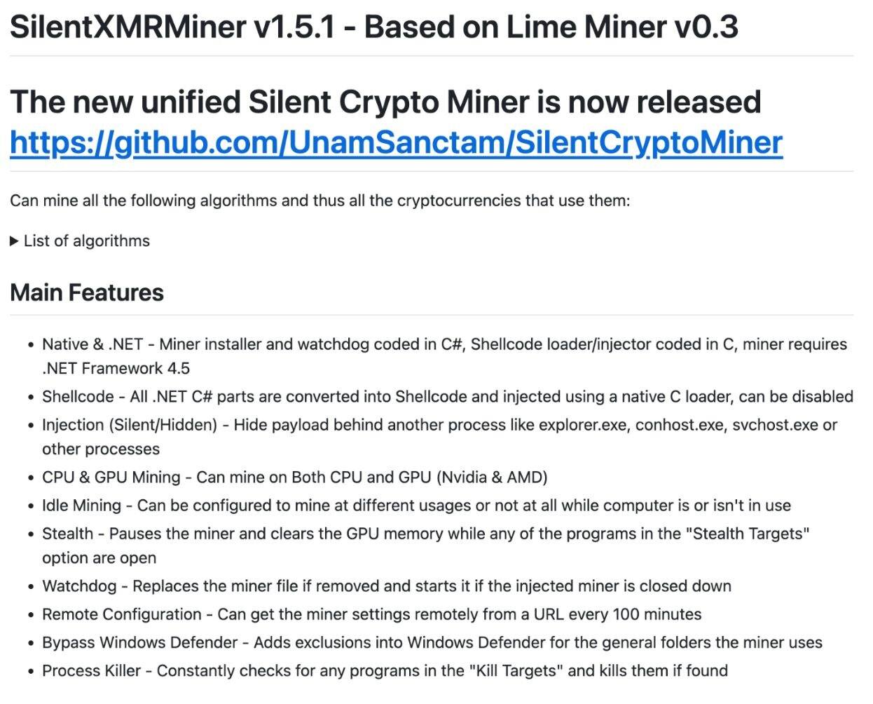 SilentXMRMiner project features page, as reproduced in the Huntress report.