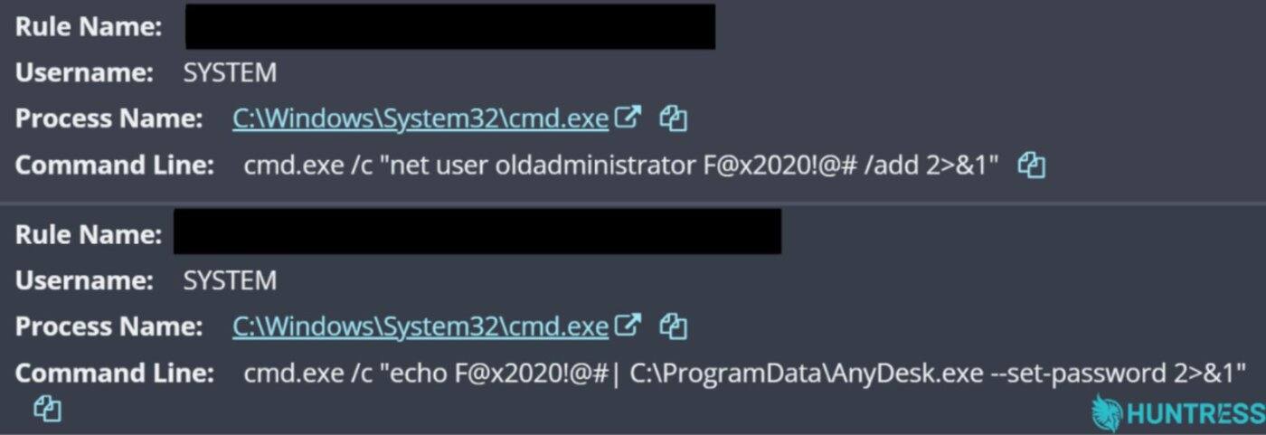 Huntress telemetry of the command that created the local account oldadministrator.