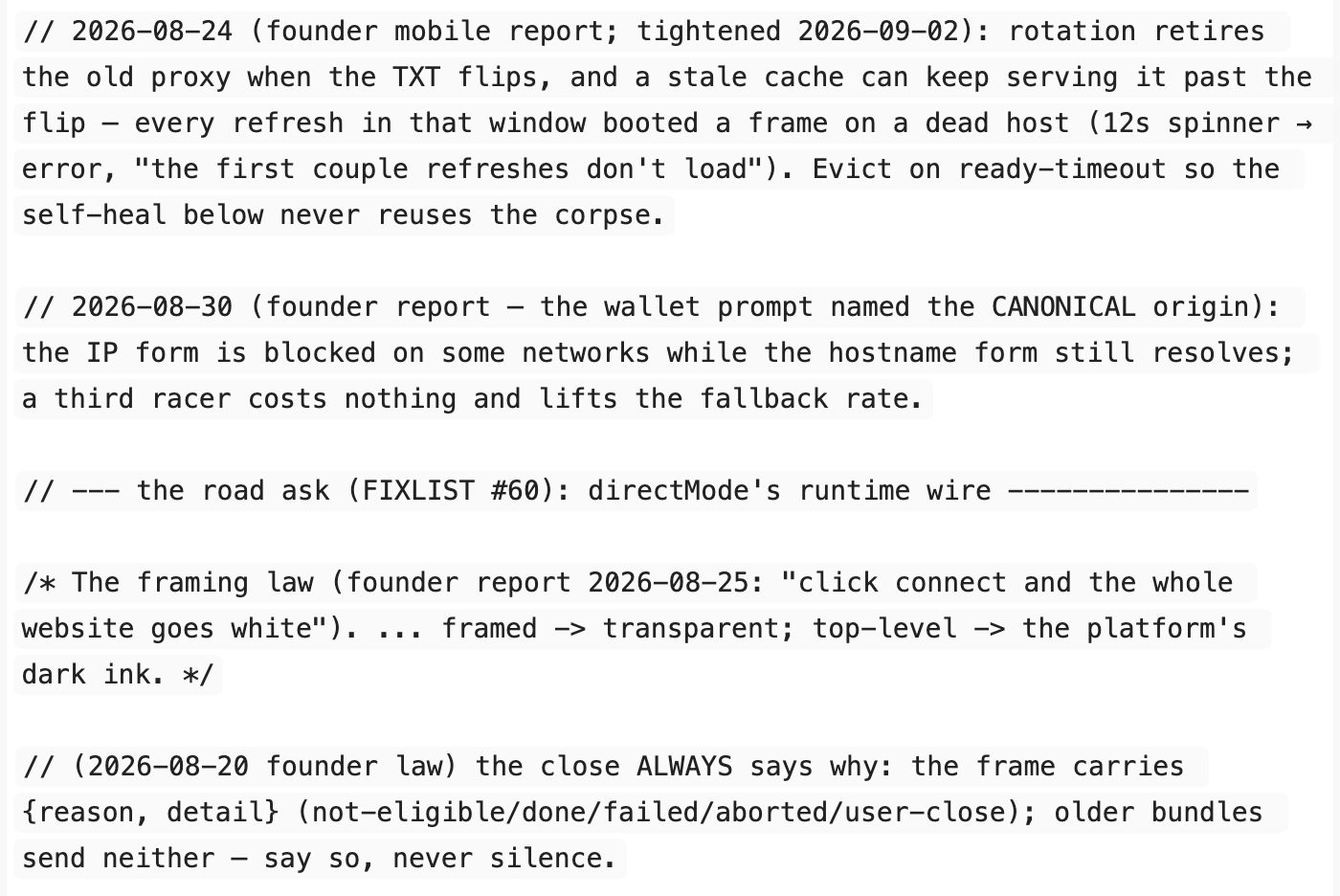 Code comment collage from Noir scripts discussing TXT rotation, framing bugs, and operator support traces.