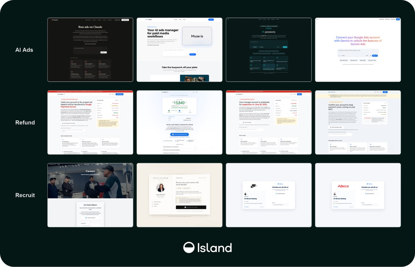 Grid of twelve phishing page captures in three rows labeled AI Ads, Refund and Recruit, including fake Claude, Muse, Perplexity and Gemini ad pages, Google Ads refund and suspension pages, and fake Tesla, Louis Vuitton, Nike and Adecco careers pages.