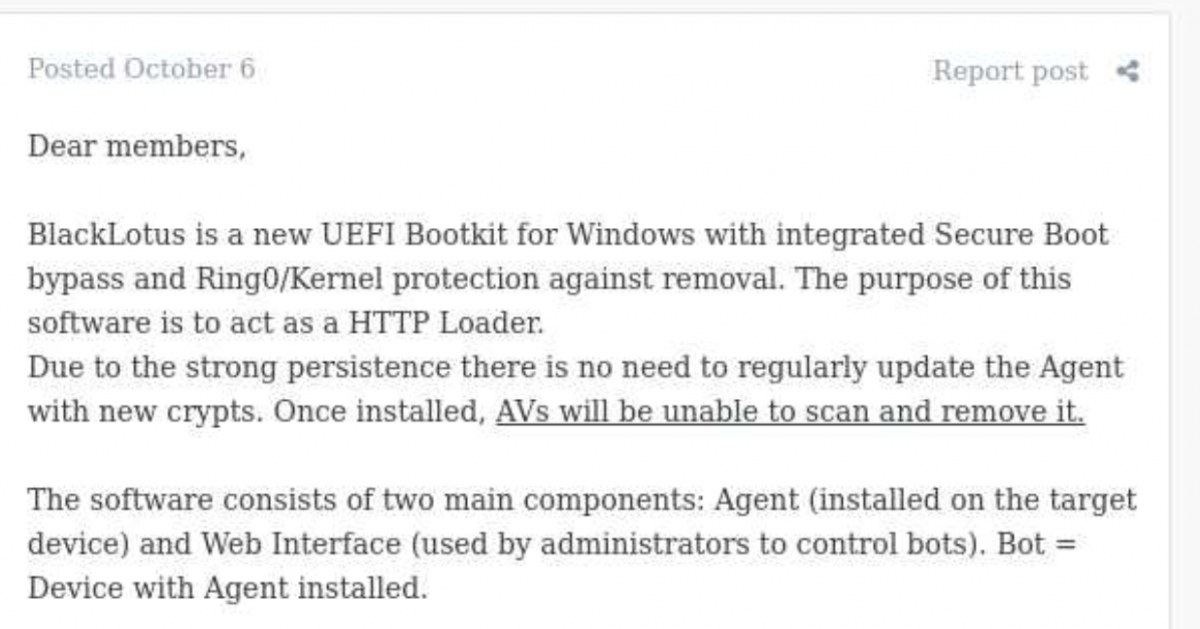 Hacking forum post dated October 6 advertising BlackLotus as a new UEFI bootkit for Windows with integrated Secure Boot bypass and Ring0 kernel protection against removal, intended to act as an HTTP loader.
