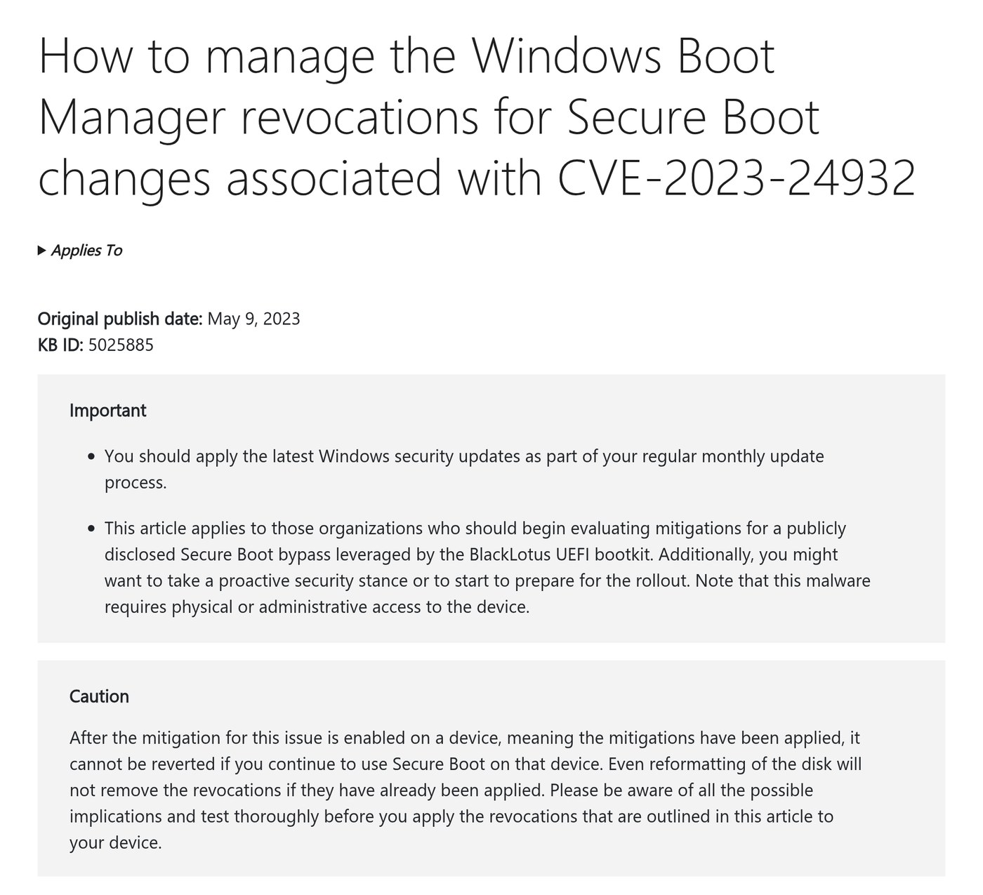 Microsoft support article KB5025885, How to manage the Windows Boot Manager revocations for Secure Boot changes associated with CVE-2023-24932, with an Important note referencing the BlackLotus UEFI bootkit and a Caution that the mitigation cannot be reverted once applied.