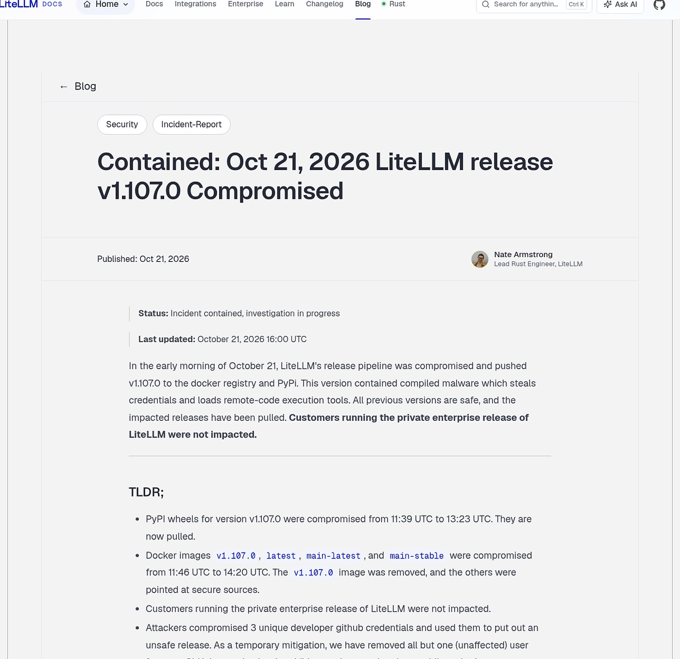 LiteLLM incident post titled Contained: Oct 21, 2026 LiteLLM release v1.107.0 Compromised, with a summary of the compromised PyPI and Docker windows.