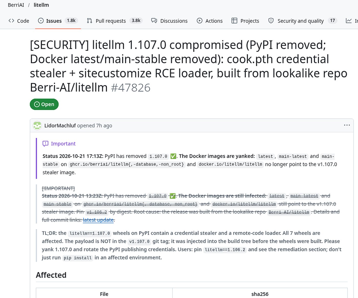 GitHub issue 47826 on the BerriAI/litellm repository, titled litellm 1.107.0 compromised, listing PyPI removal, Docker tag removal and the SHA-256 hashes of all affected wheels.