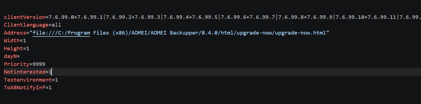 Configuration text pointing the AOMEI popup at a local upgrade-now.html file with Width=1, Height=1 and Priority=9999.