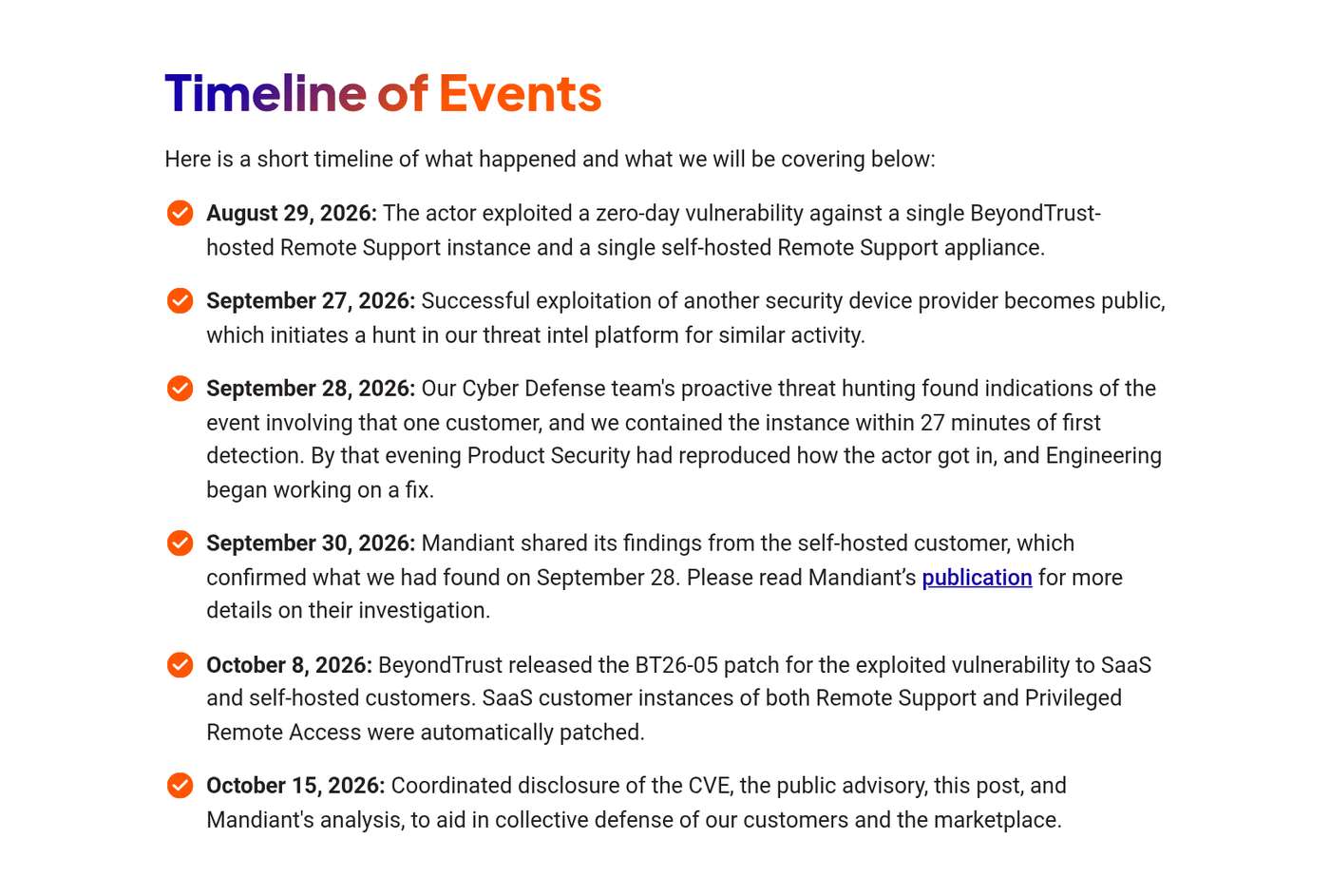 BeyondTrust timeline from Aug. 29 exploitation and Sept. 28 containment to the Oct. 8 patch and Oct. 15 disclosure.