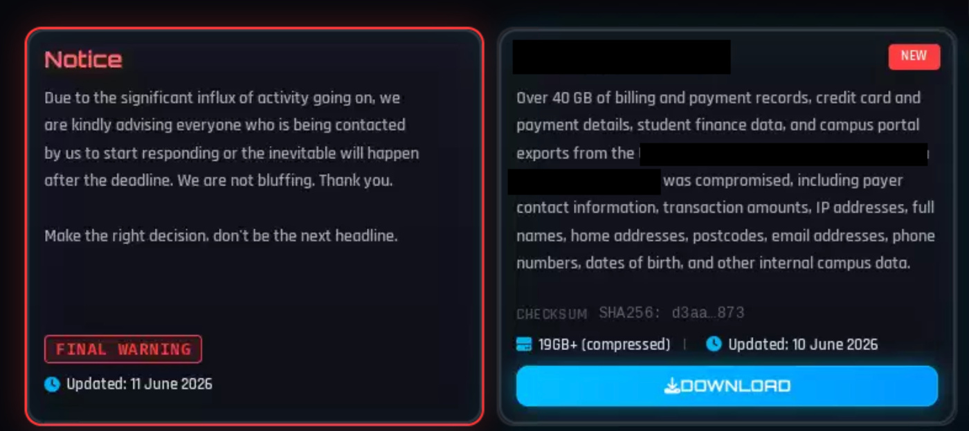 Redacted leak-site notice beside a data listing that claims campus and payment records.